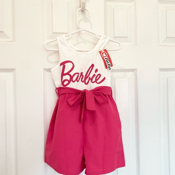 Women Barbie Letter Print Belted Combo Tank Hot Pink Rompers - Picture 9 of 9